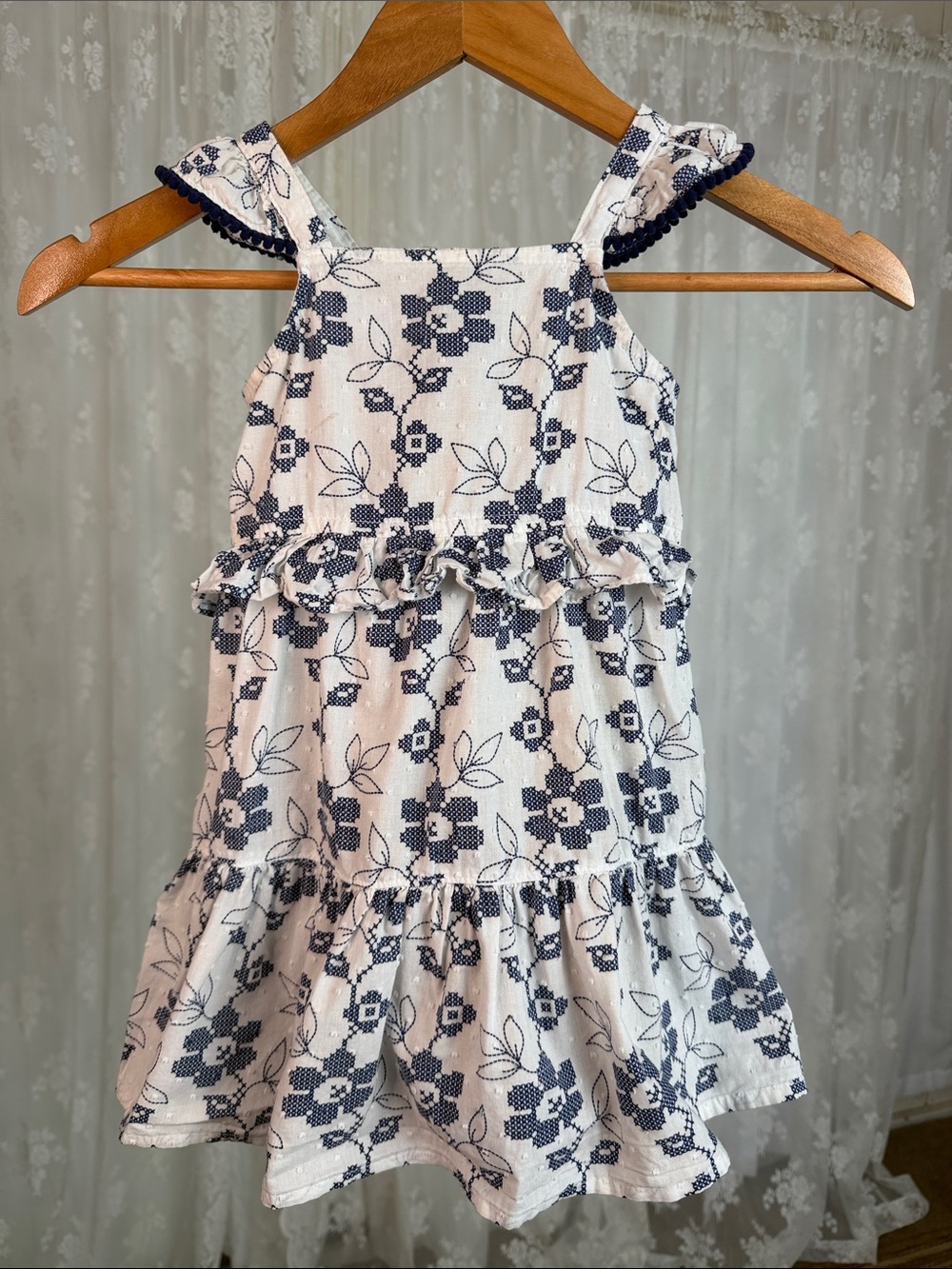 (5for$12) Girls White Navy Floral Ruffle Sundress - Penelope Mack- 3T